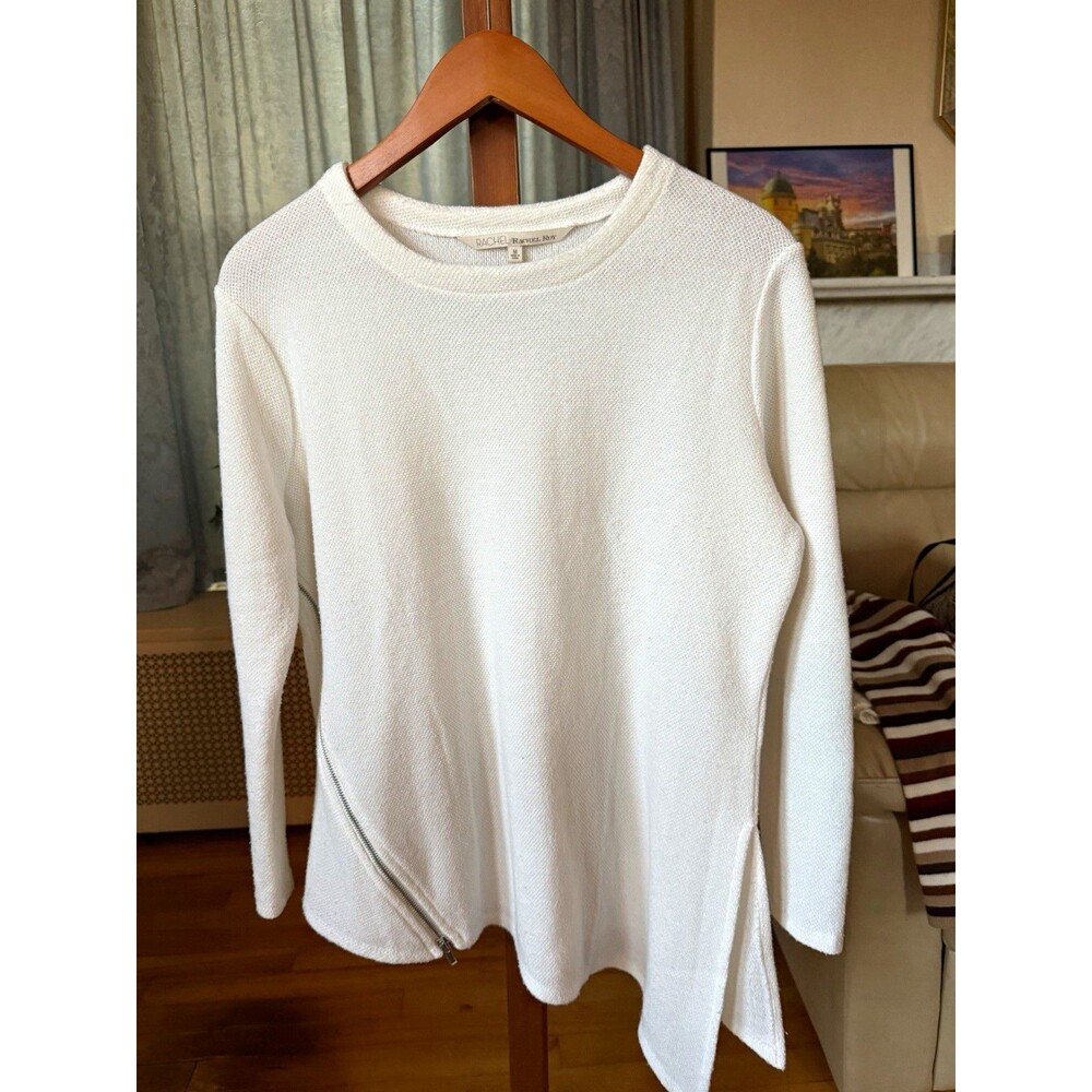 Rachel Roy Women’s M White Solid Knit Pullover Sweater Crew Neck Zipper